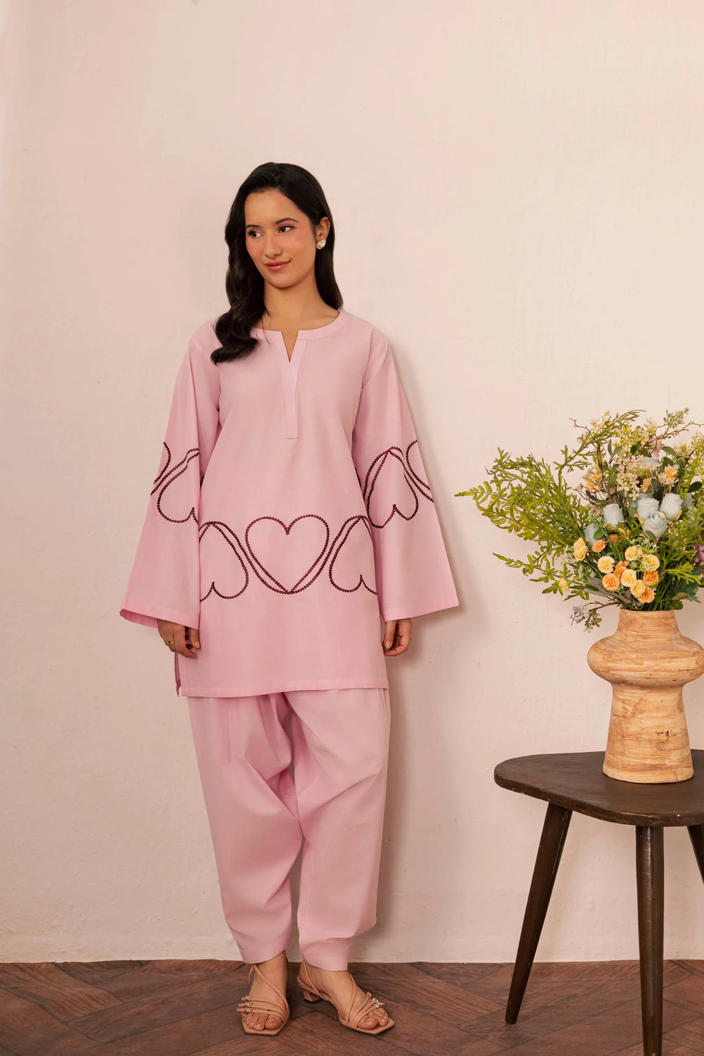 Heart Embroidered Dress - 02 Baby Pink