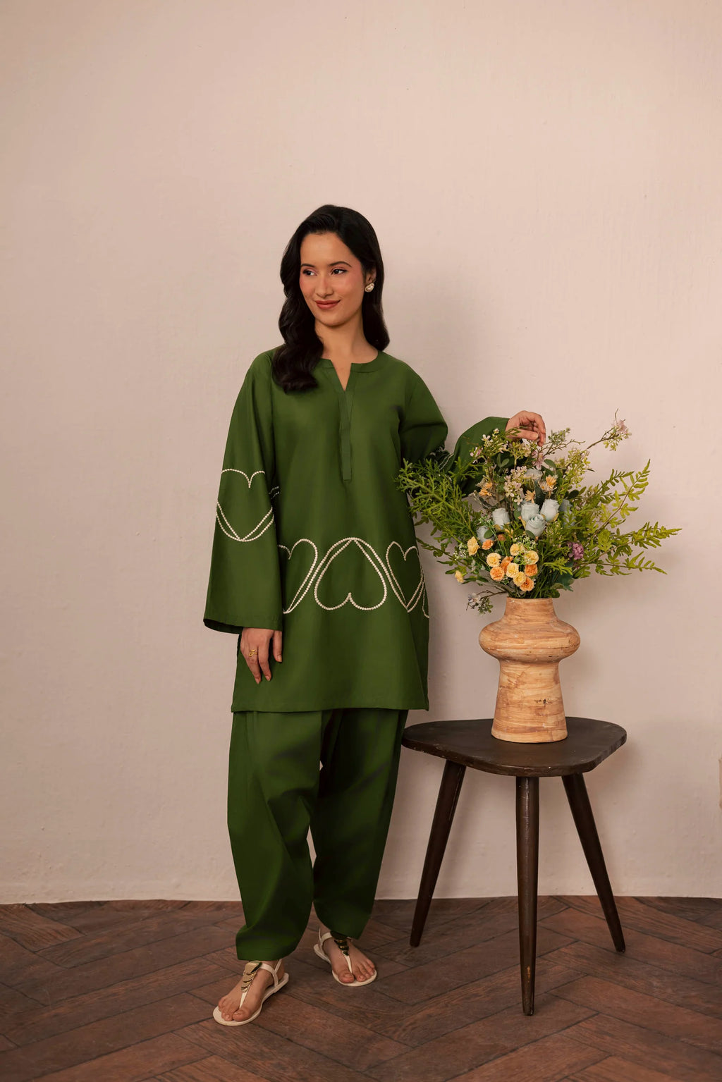 Heart Embroidered Dress - 06 Olive