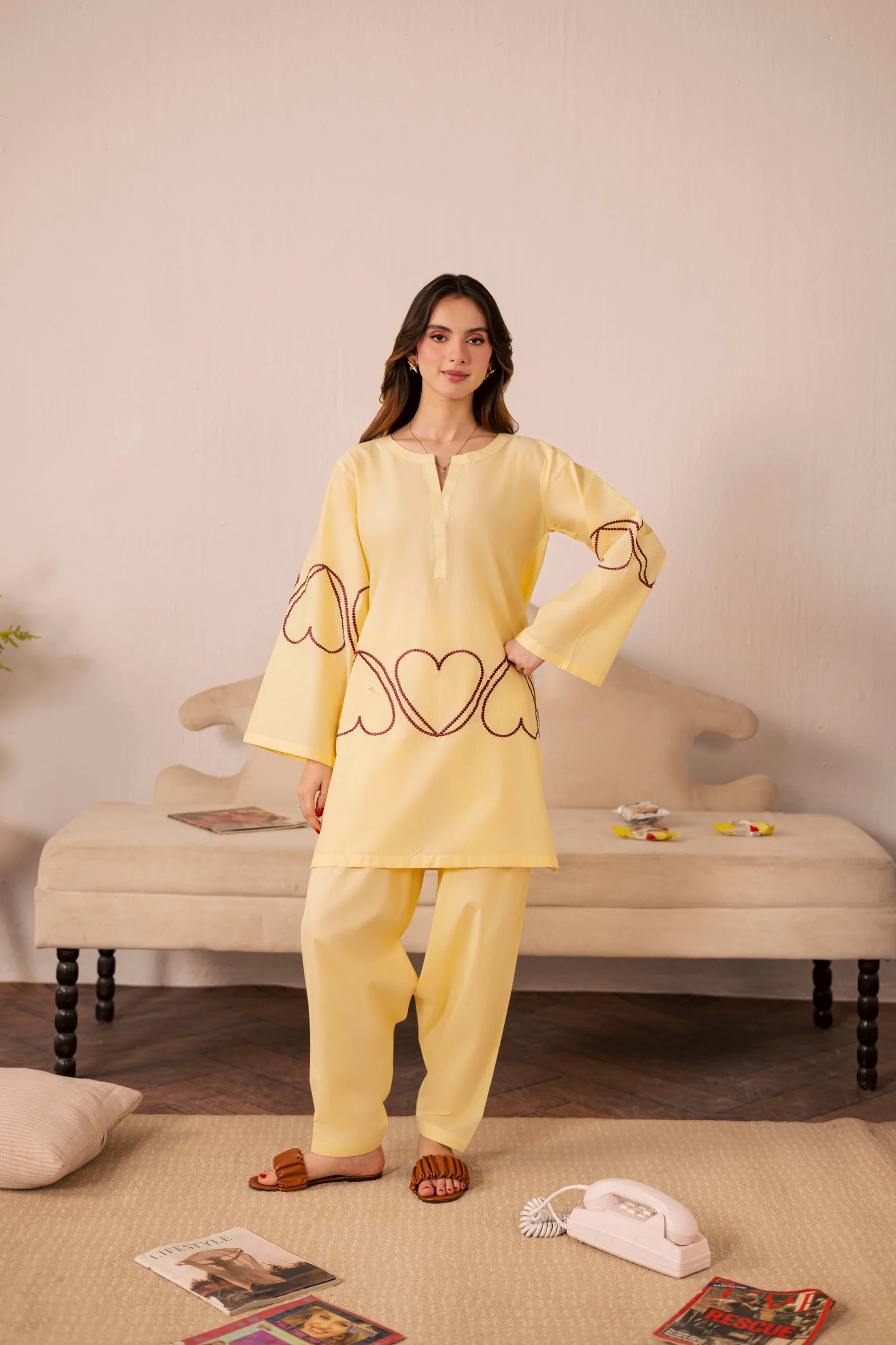 Heart Embroidered Dress - 05 Butter Yellow