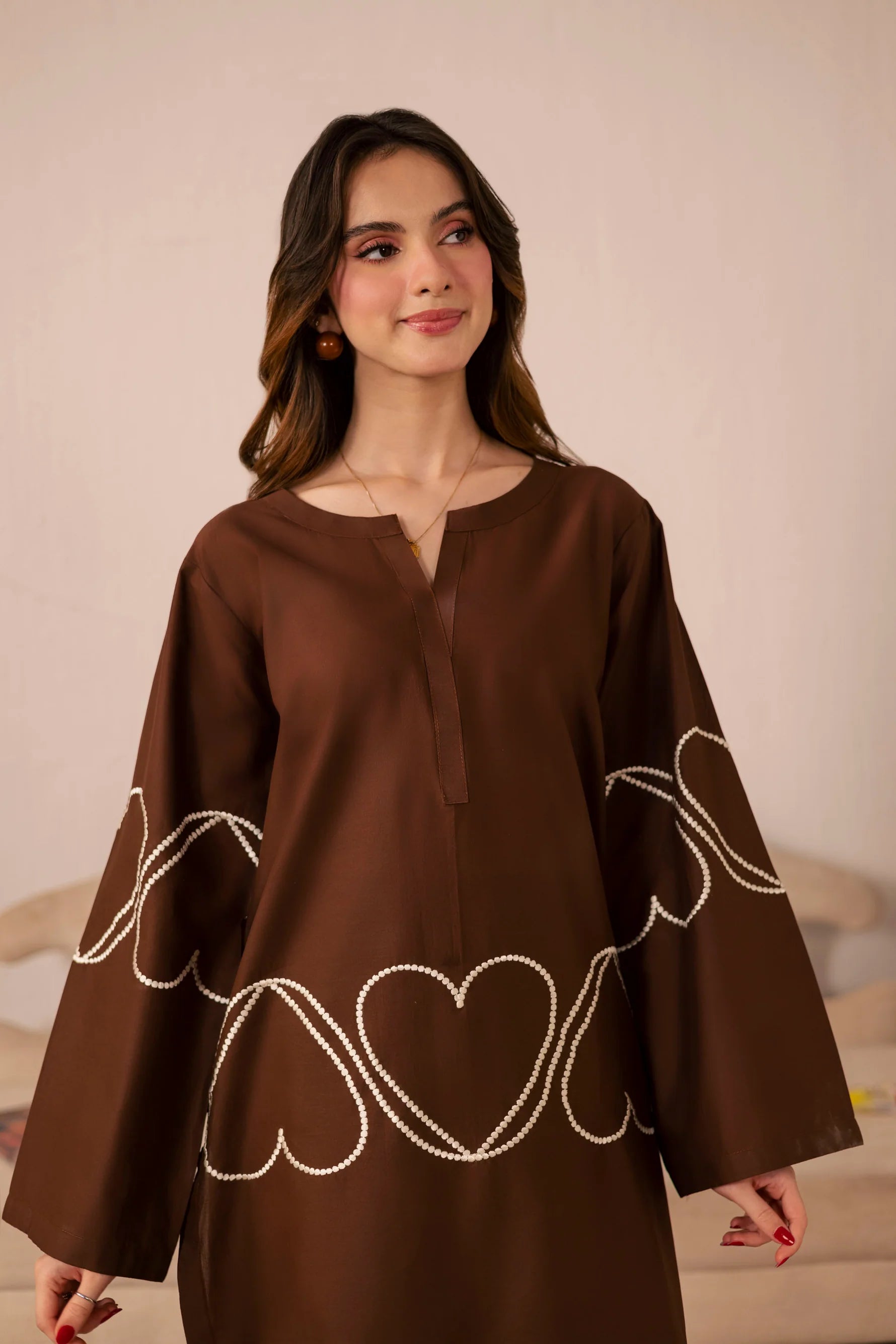 Heart Embroidered Dress - 03 Dark Brown