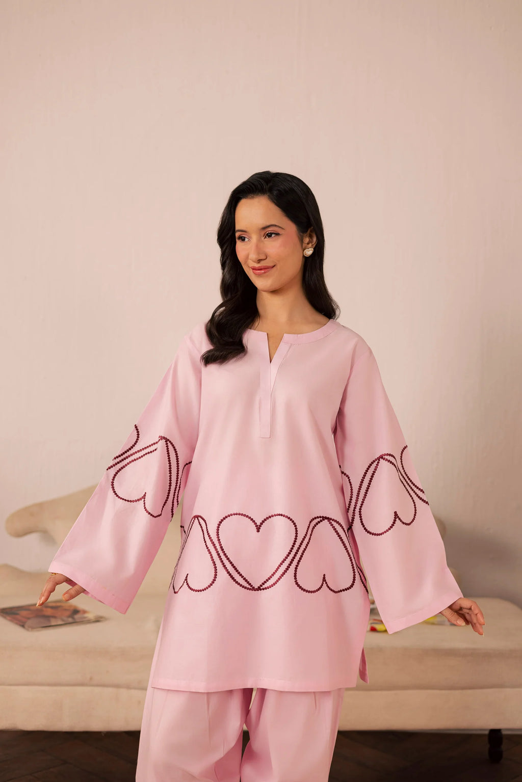 Heart Embroidered Dress - 02 Baby Pink