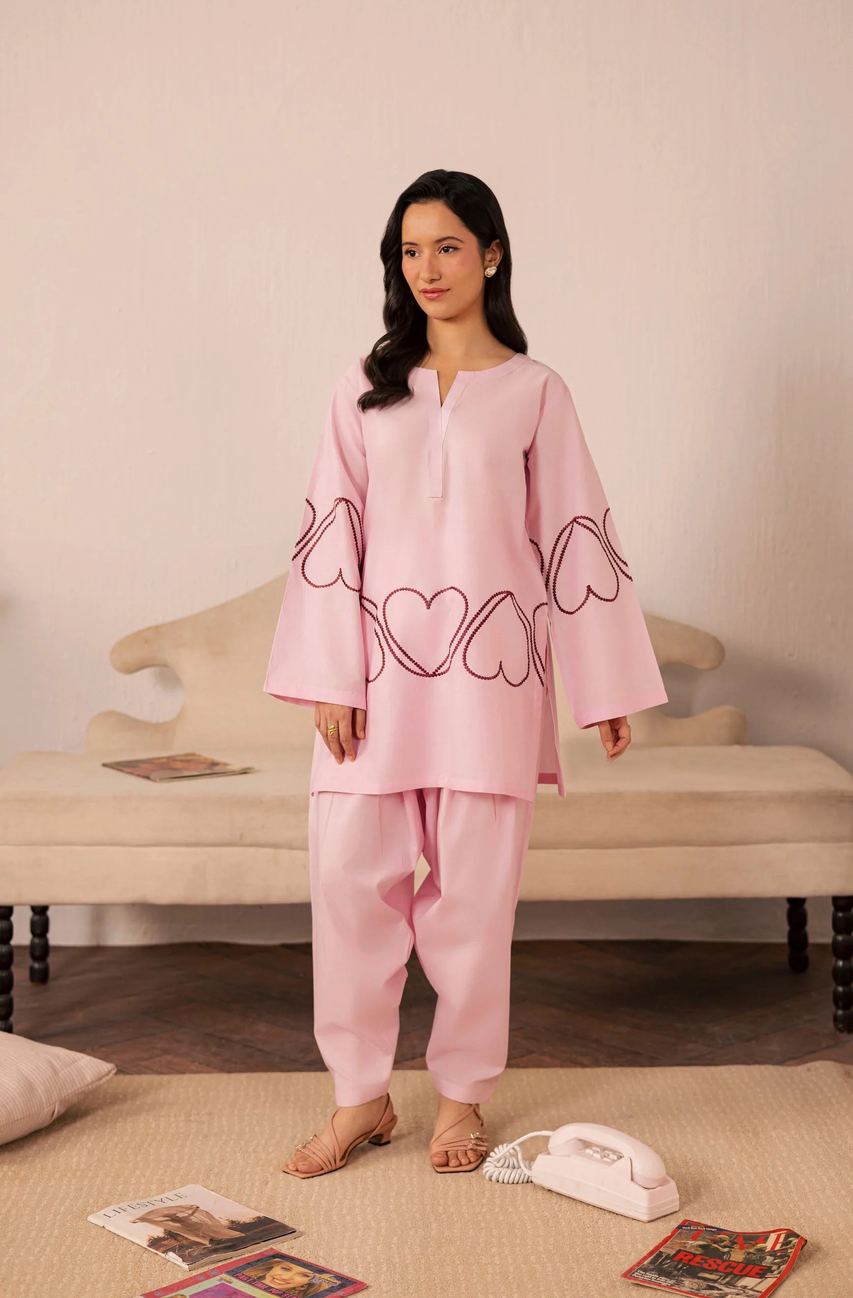Heart Embroidered Dress - 02 Baby Pink