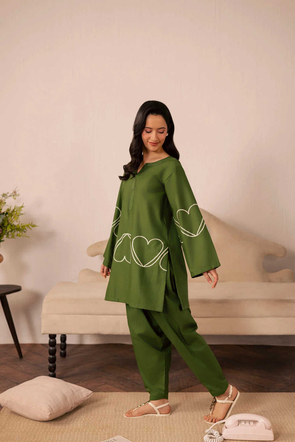 Heart Embroidered Dress - 06 Olive