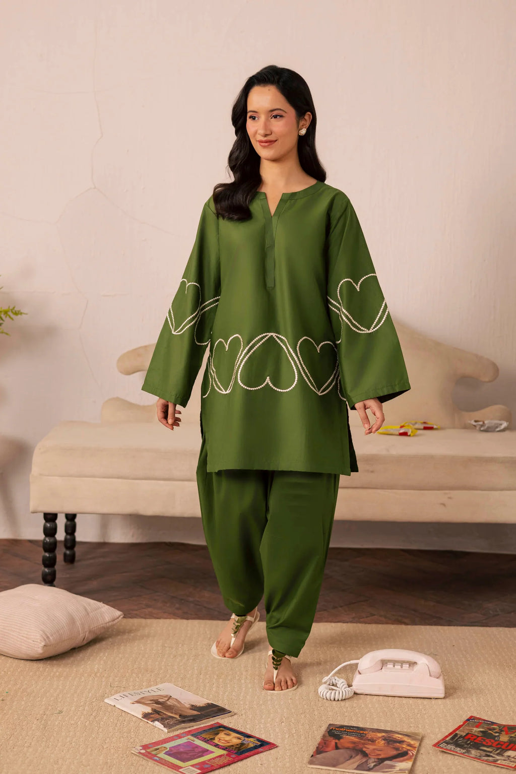 Heart Embroidered Dress - 06 Olive