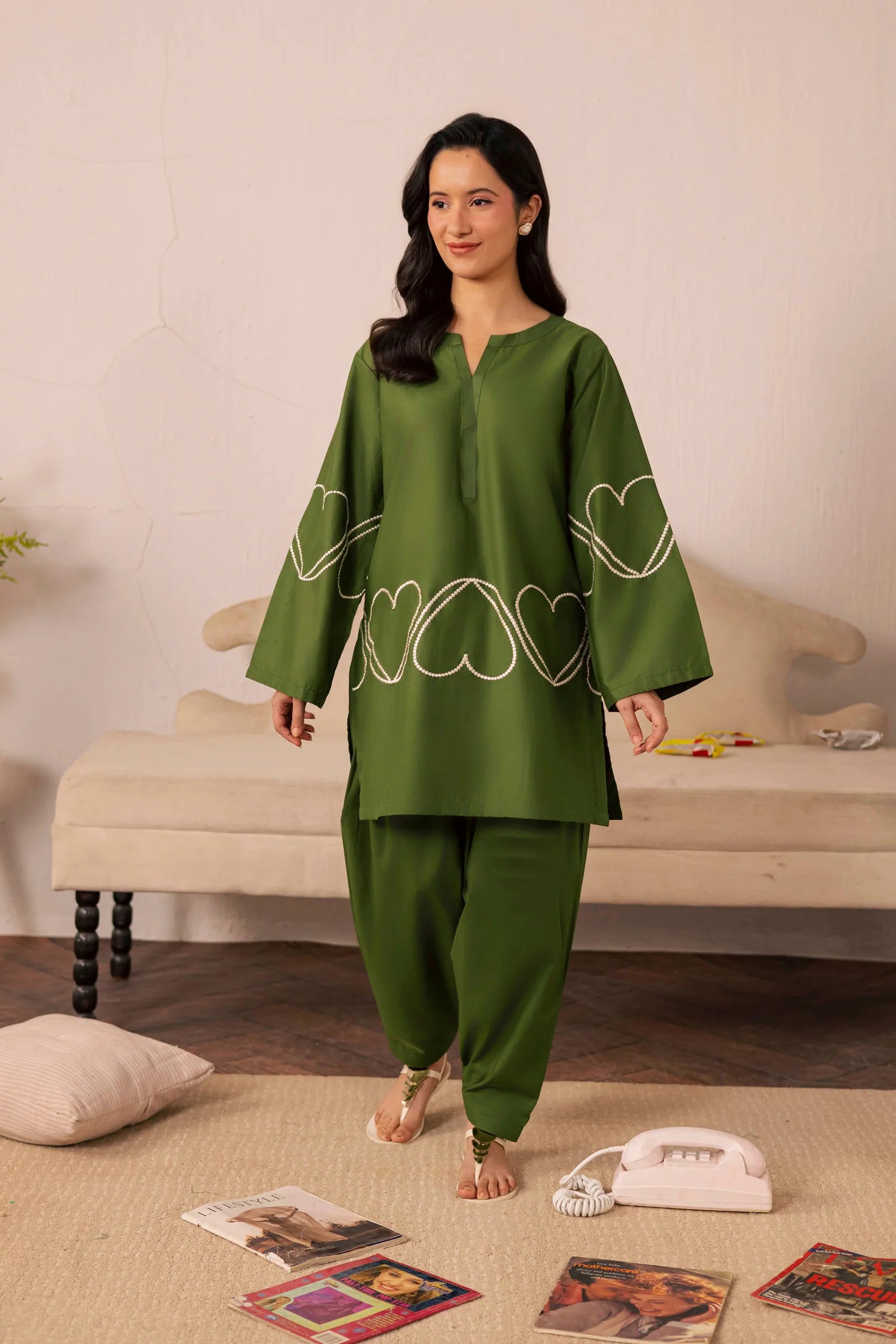 Heart Embroidered Dress - 06 Olive