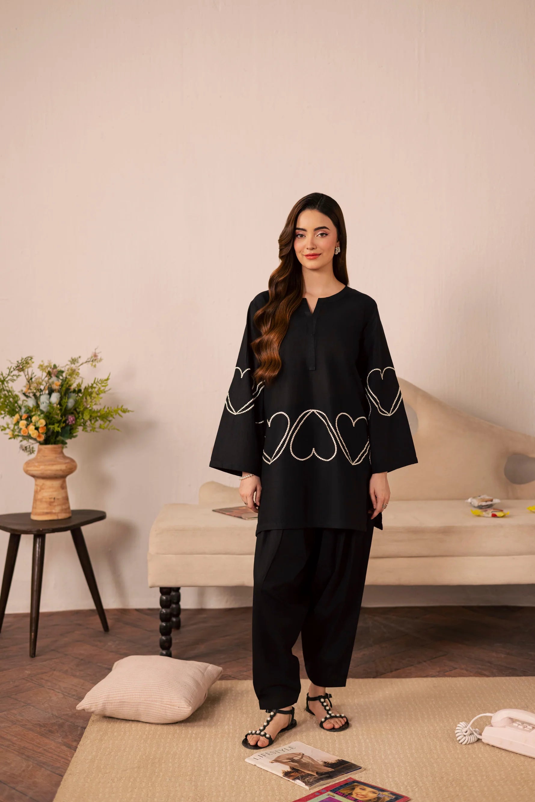 Heart Embroidered Dress - 04 Black