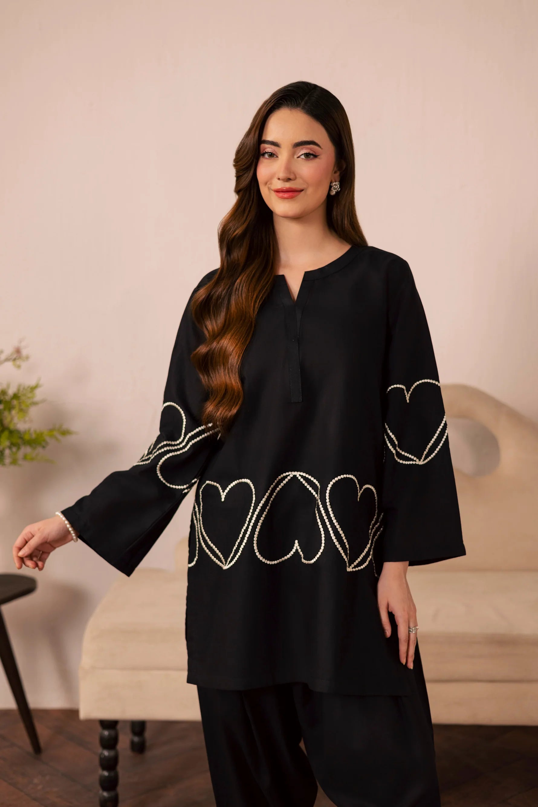 Heart Embroidered Dress - 04 Black