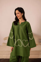 Heart Embroidered Dress - 06 Olive