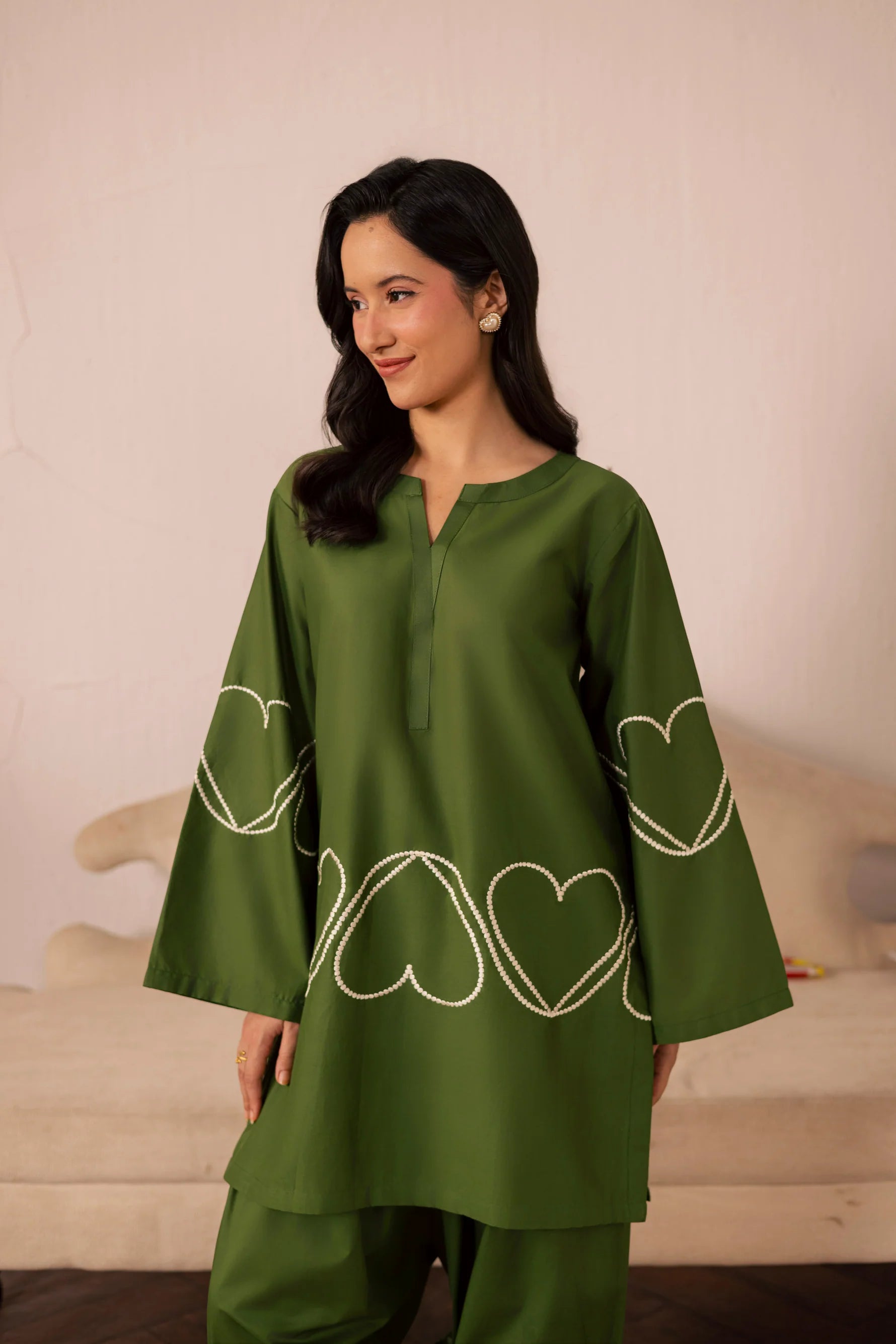 Heart Embroidered Dress - 06 Olive