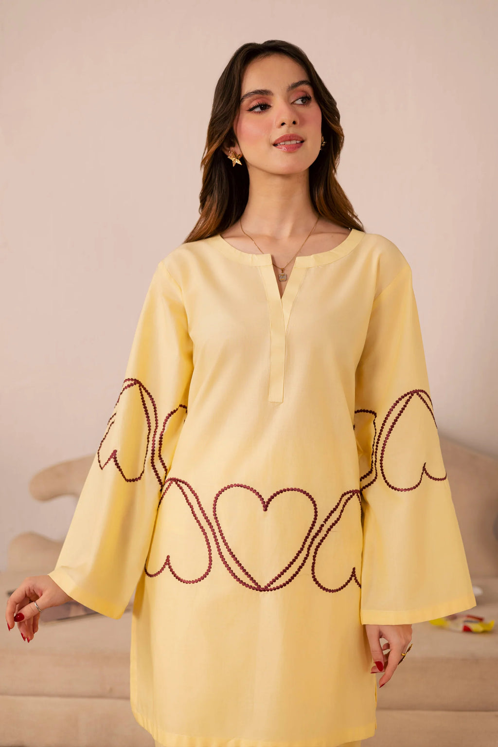 Heart Embroidered Dress - 05 Butter Yellow