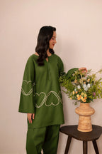 Heart Embroidered Dress - 06 Olive