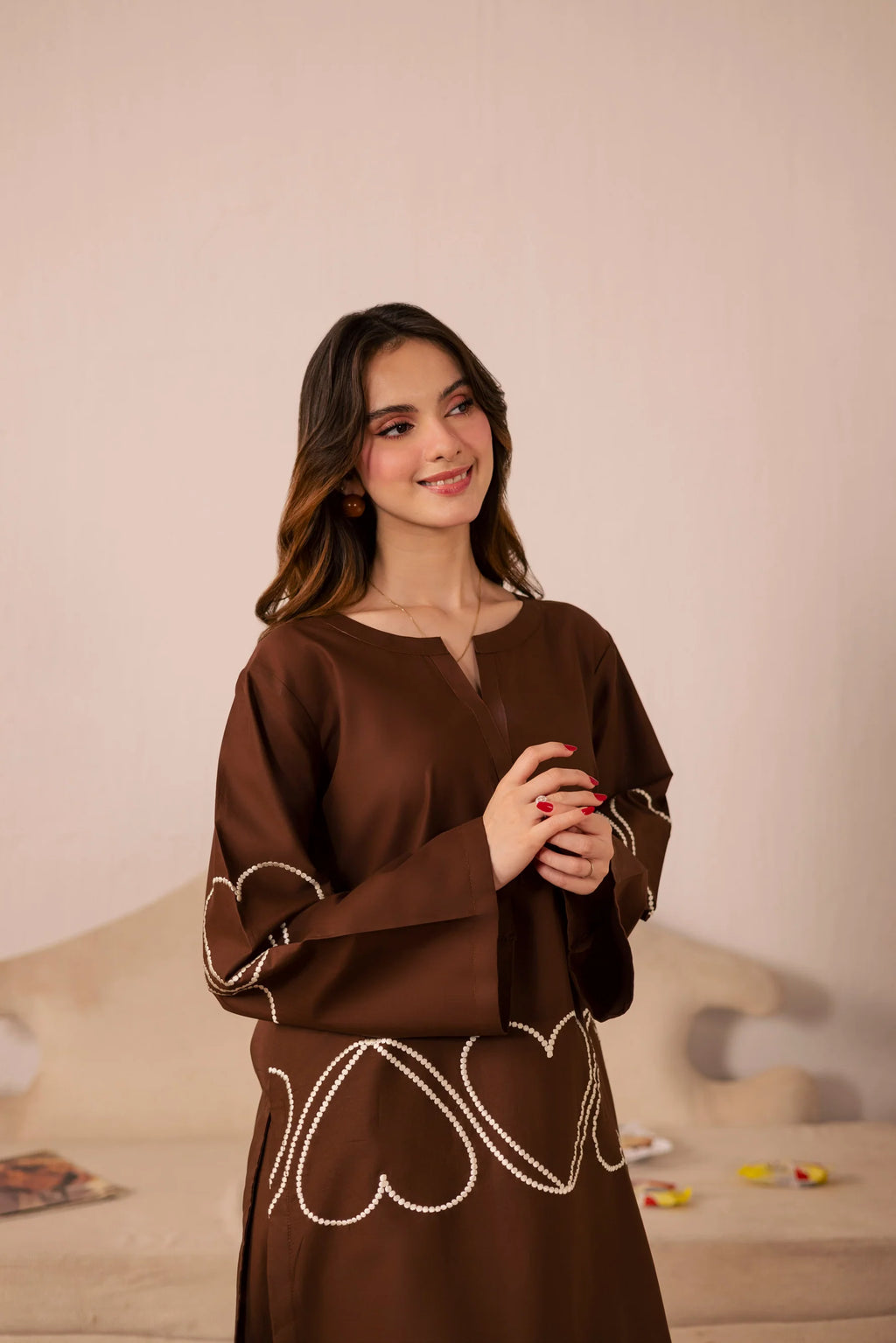 Heart Embroidered Dress - 03 Dark Brown