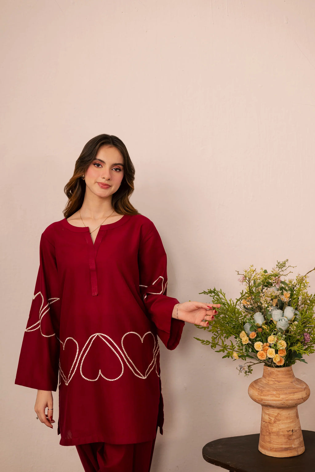 Heart Embroidered Dress - 01 Maroon