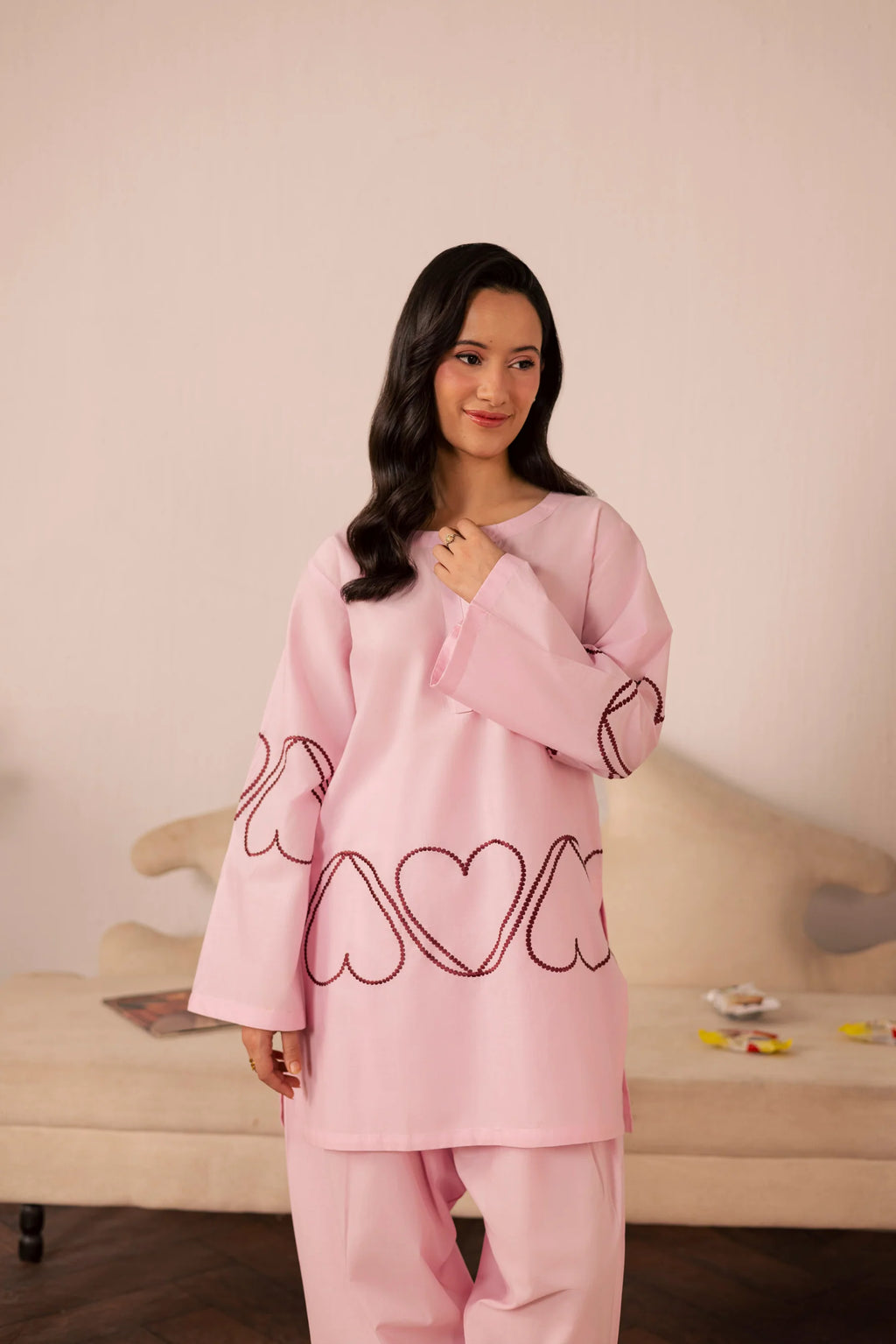 Heart Embroidered Dress - 02 Baby Pink