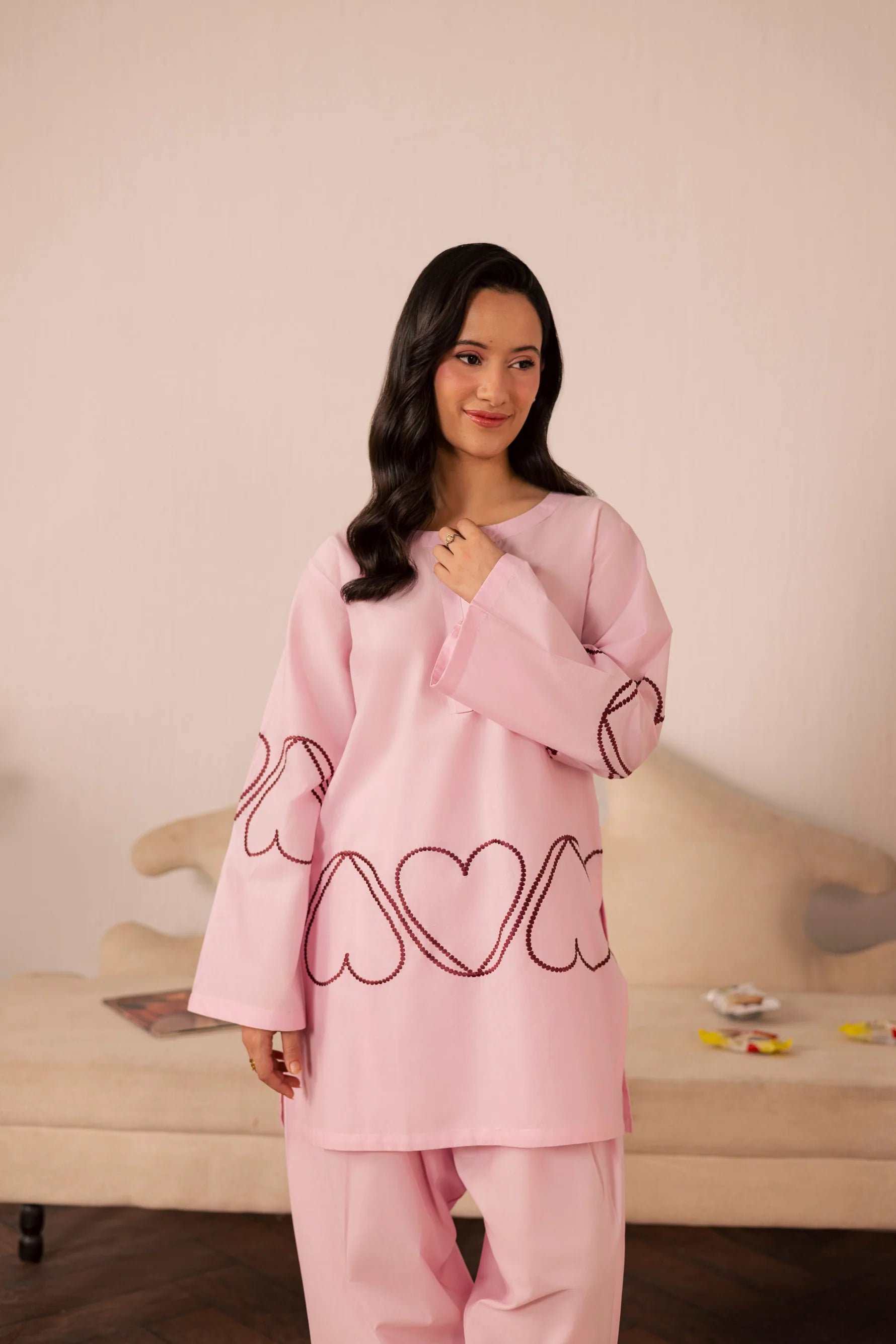 Heart Embroidered Dress - 02 Baby Pink