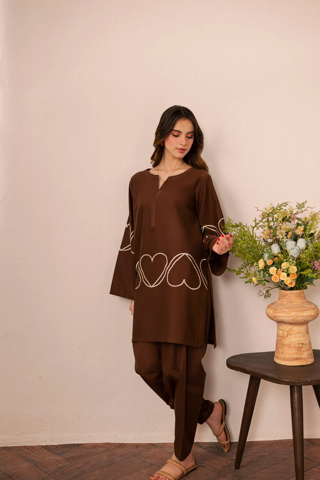 Heart Embroidered Dress - 03 Dark Brown