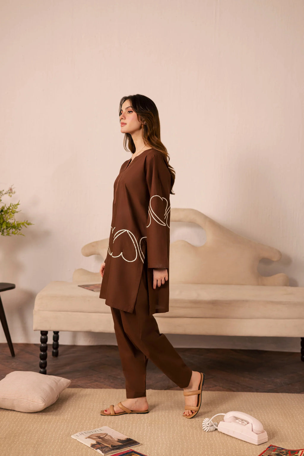 Heart Embroidered Dress - 03 Dark Brown