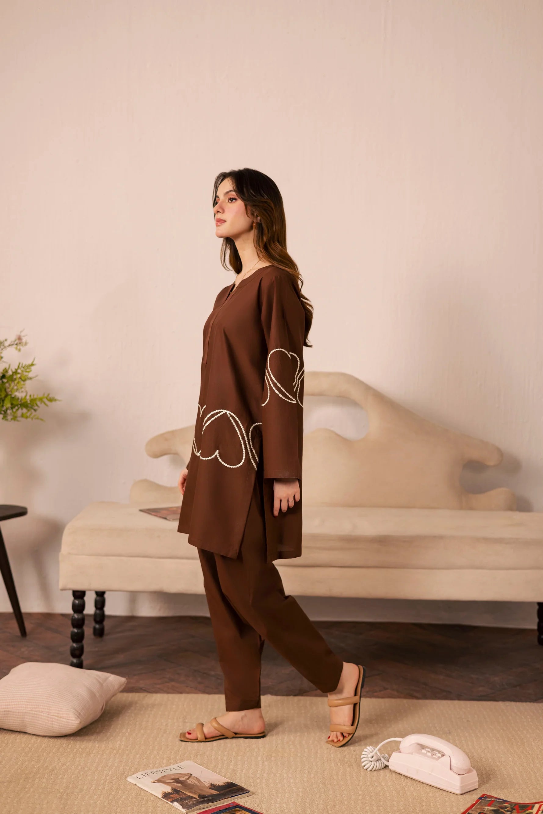 Heart Embroidered Dress - 03 Dark Brown