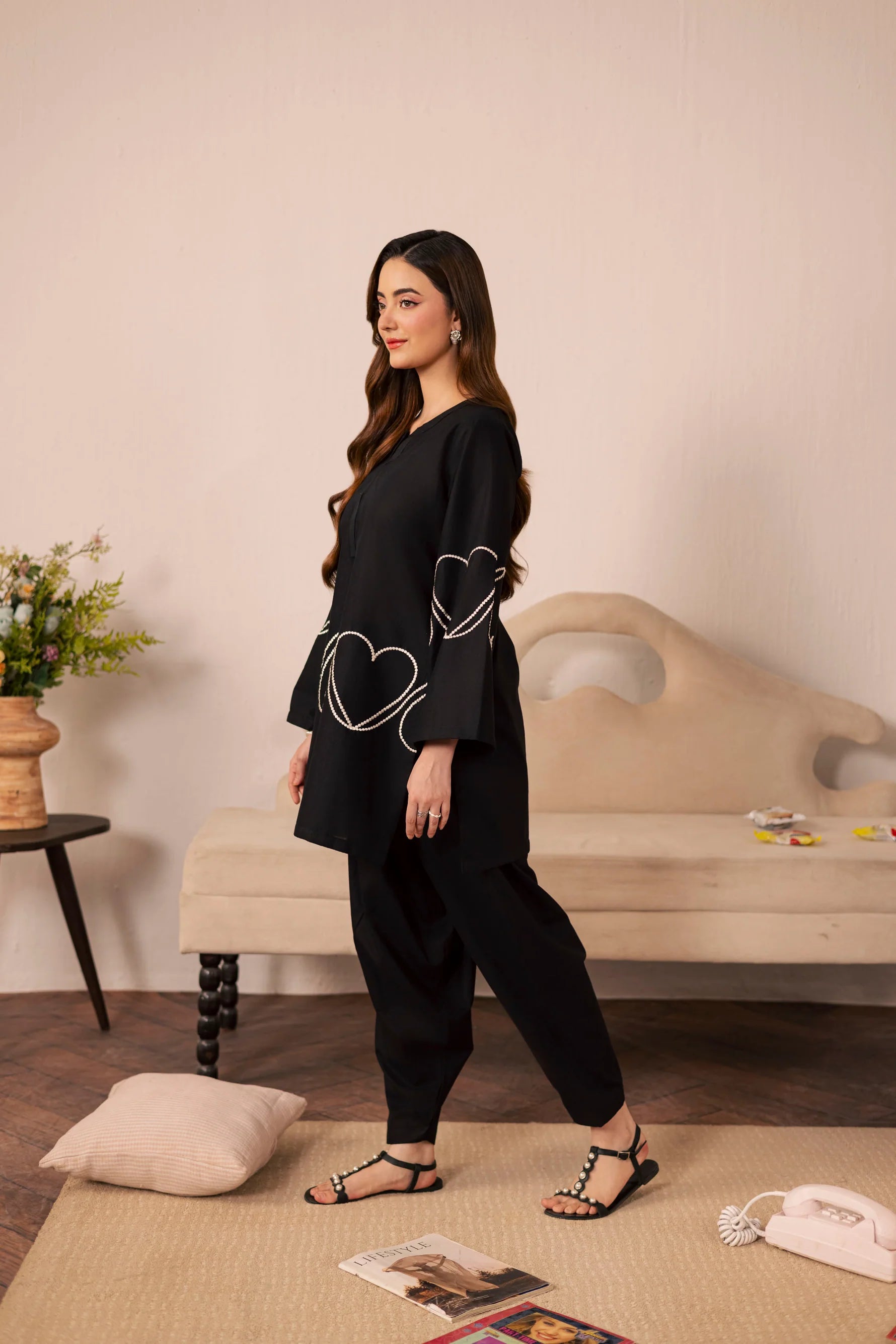Heart Embroidered Dress - 04 Black