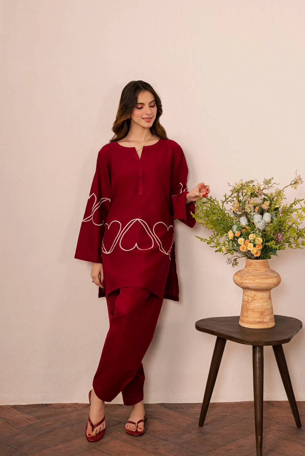 Heart Embroidered Dress - 01 Maroon