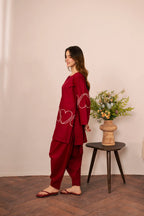 Heart Embroidered Dress - 01 Maroon
