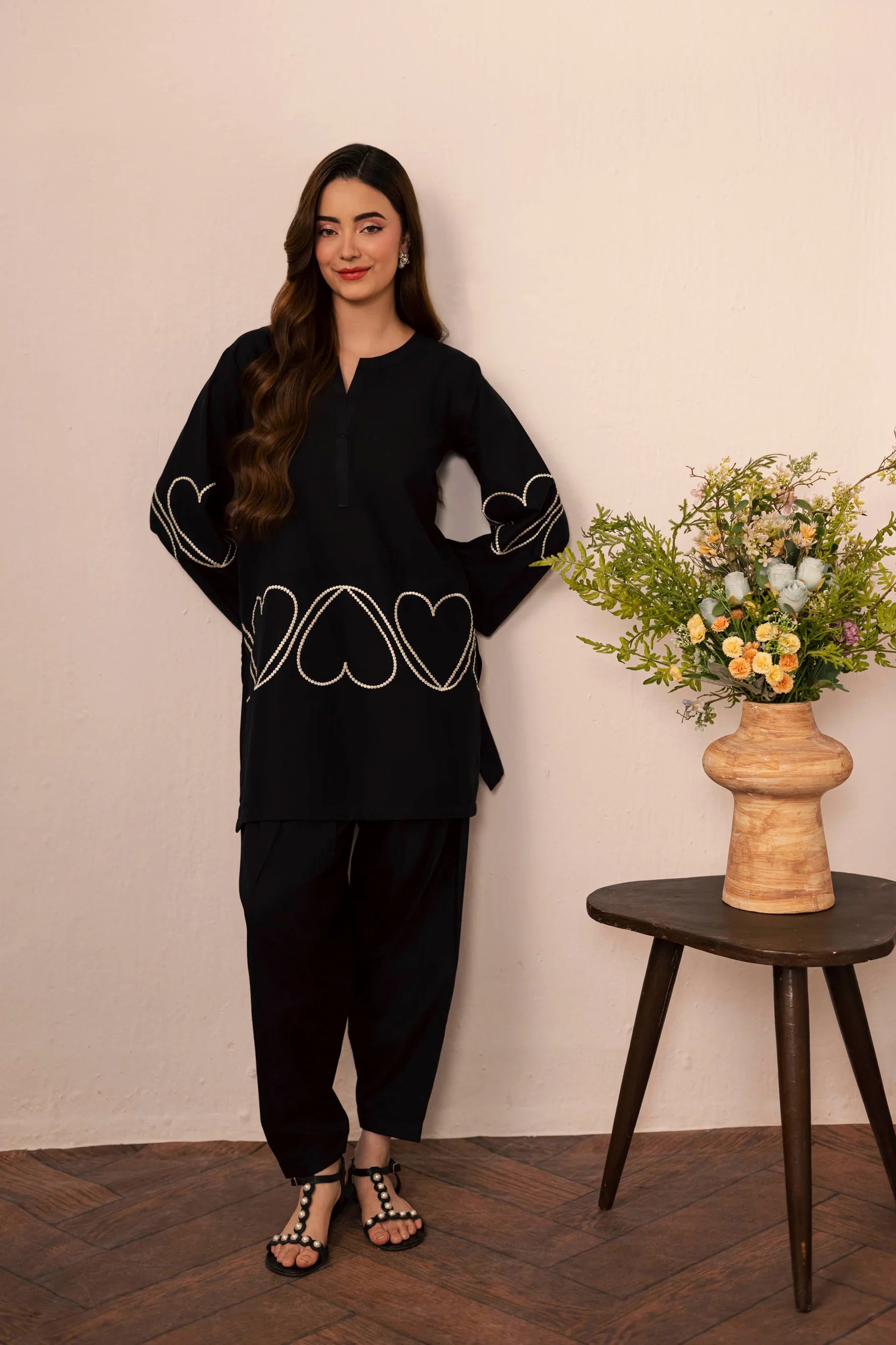 Heart Embroidered Dress - 04 Black